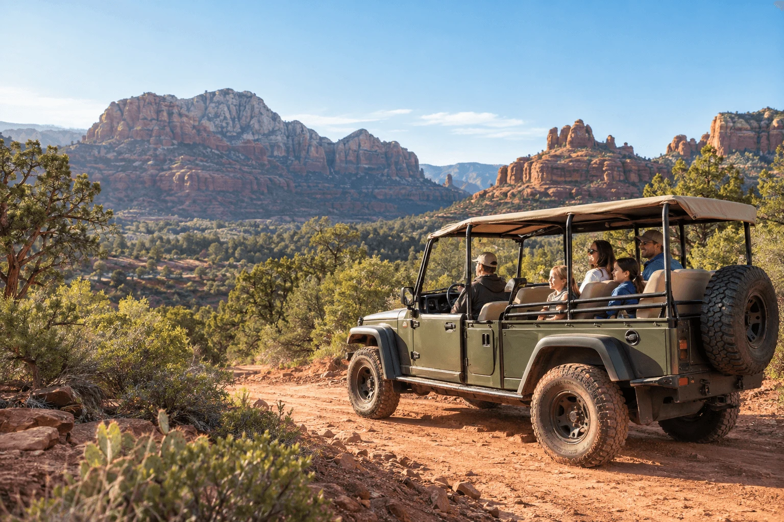 Family riding in an open-air Jeep with Sedona red rocks in the background
