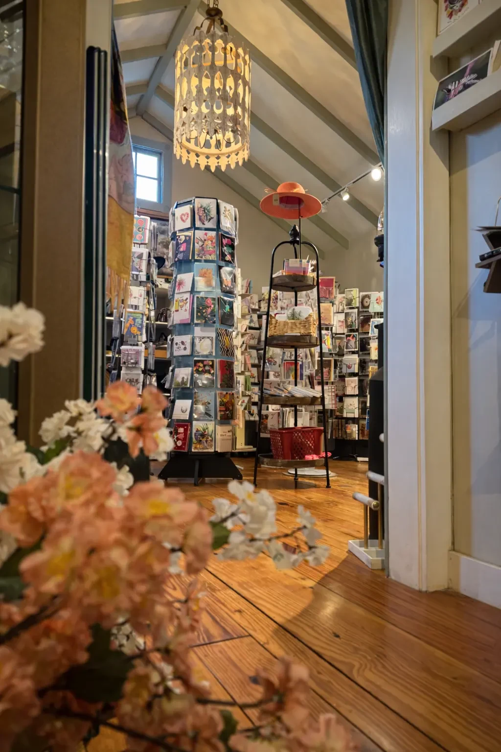 Greeting cards and floral displays inside the shop
